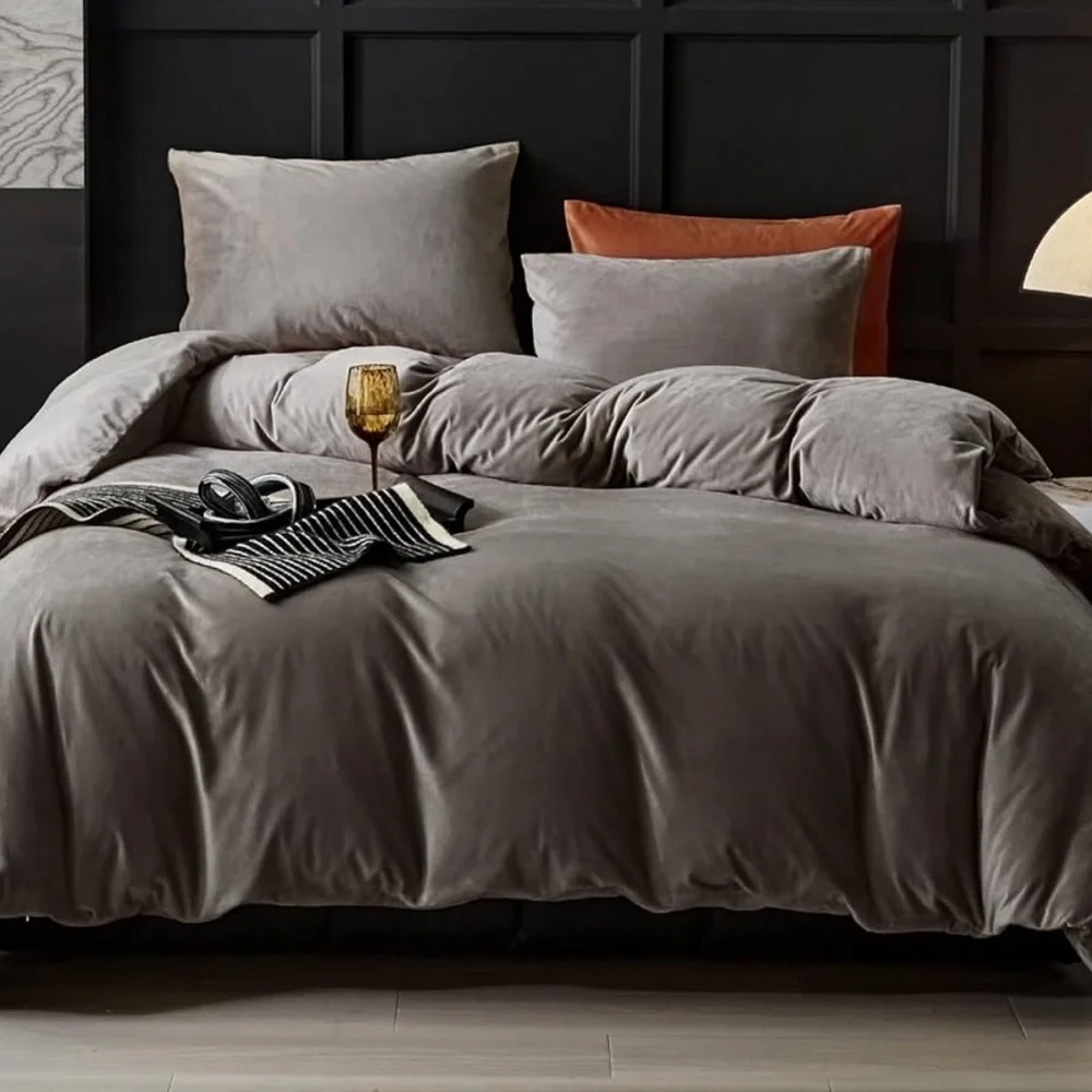 🆕 3 piece Mushroom Gray Beige Graeige Velvet Duvet Cover Set in size QUEEN